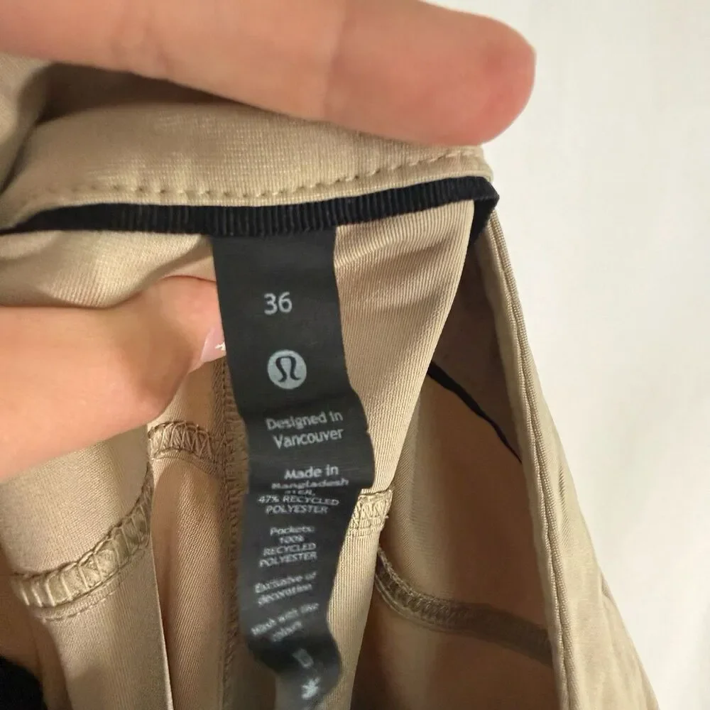 Lululemon ABC Pants Men's 36 Khaki Brown Chino Flat Front Tech Fit Button Zip